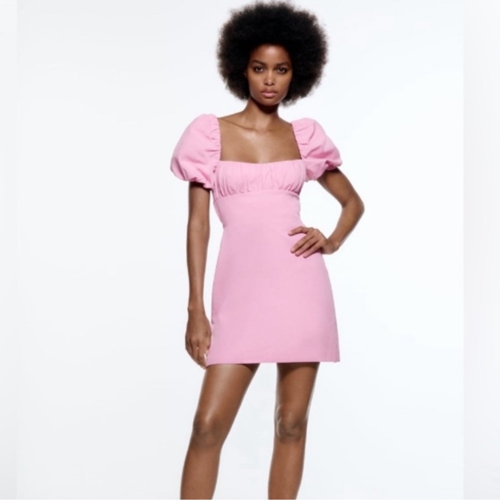 Pink Puff Sleeve Mini Zara Dress Tie Back